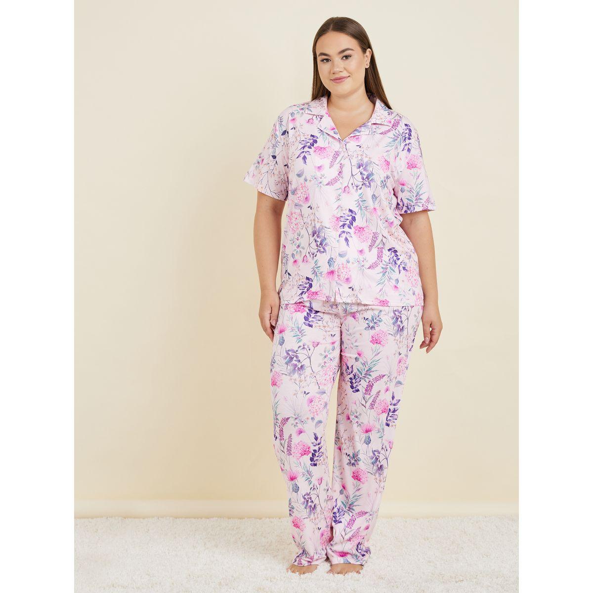 Styli Unwind Plus Rosey Botanical Floral Print Shirt & Pyjama Set-women-clothing-nightwear-pyjamas-longsets-image-1