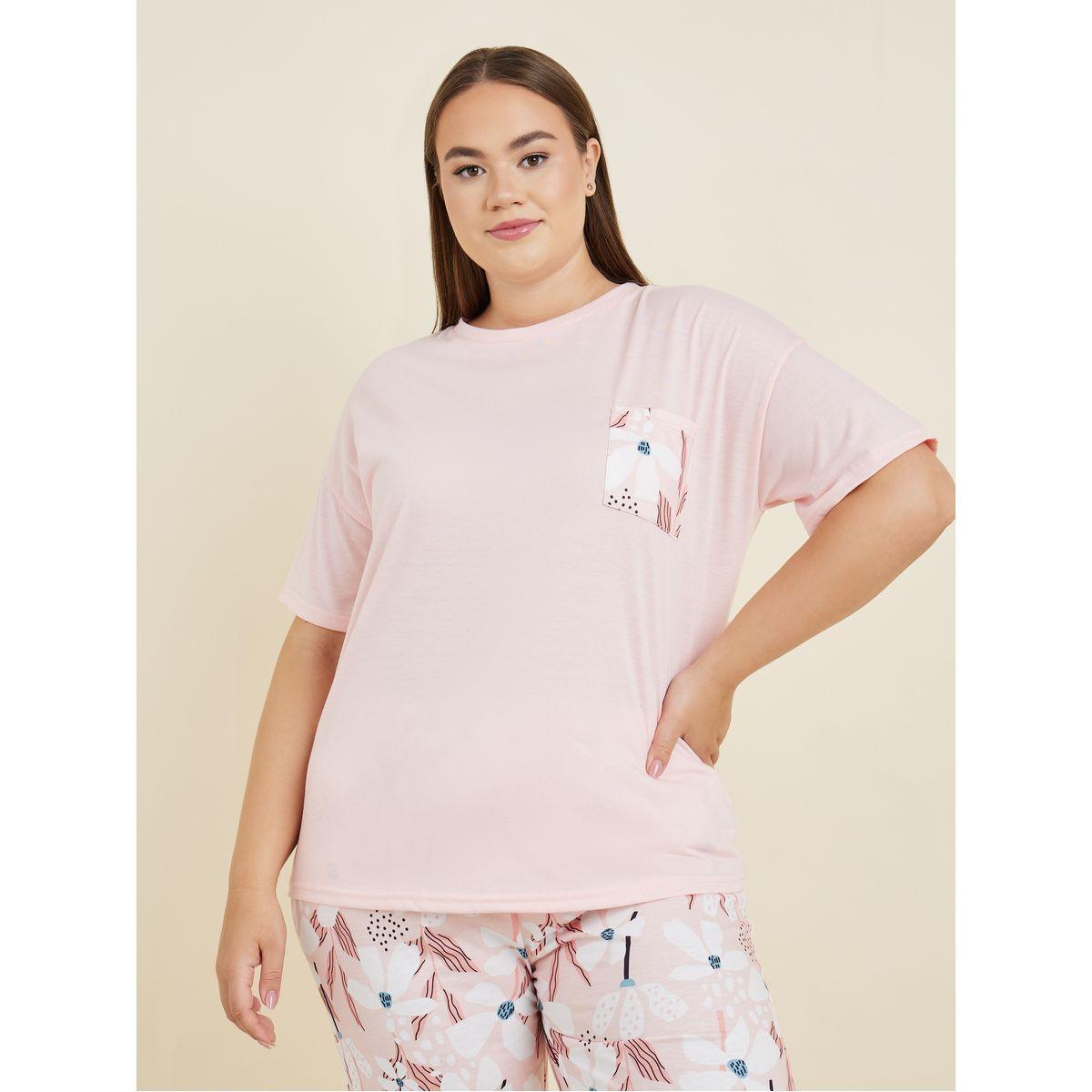 Styli Unwind Plus Large Scale Floral Print Pocket T-Shirt & Pyjama Set-women-clothing-nightwear-pyjamas-longsets-image-2