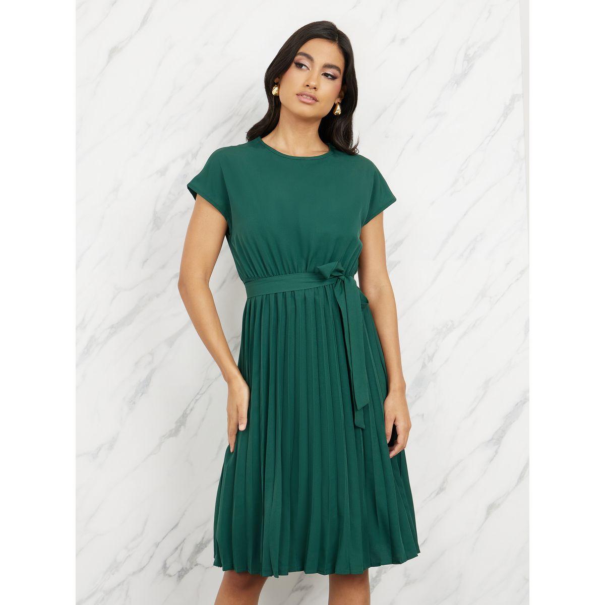 Styli Solid Pleated Self Tie Up A-Line Knee Length Dress-women-clothing-dresses-image-1