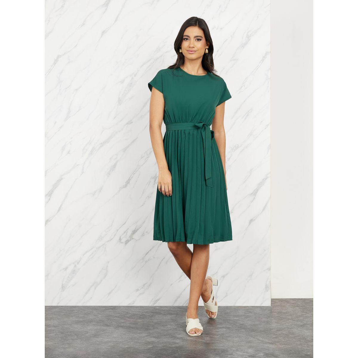 Styli Solid Pleated Self Tie Up A-Line Knee Length Dress-women-clothing-dresses-image-2