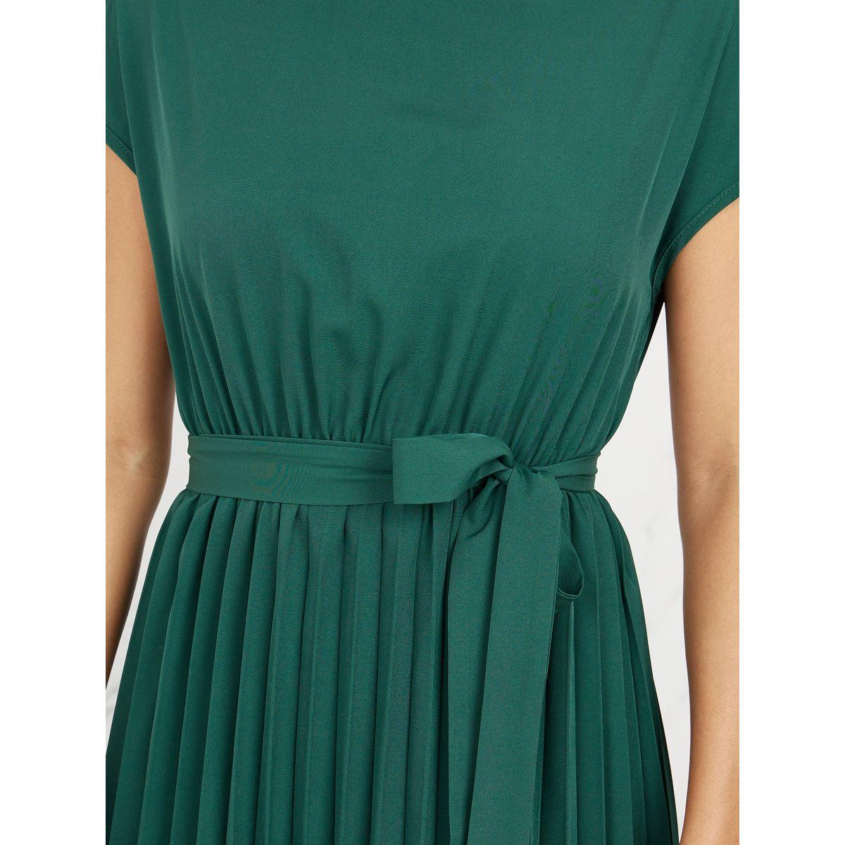 Styli Solid Pleated Self Tie Up A-Line Knee Length Dress-women-clothing-dresses-image-3