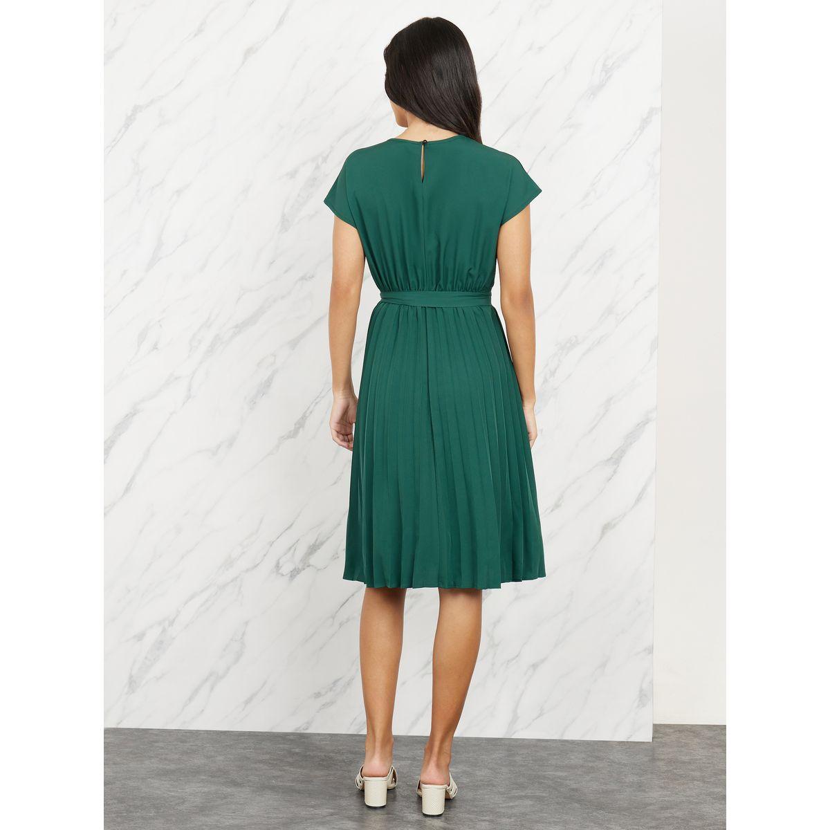 Styli Solid Pleated Self Tie Up A-Line Knee Length Dress-women-clothing-dresses-image-4