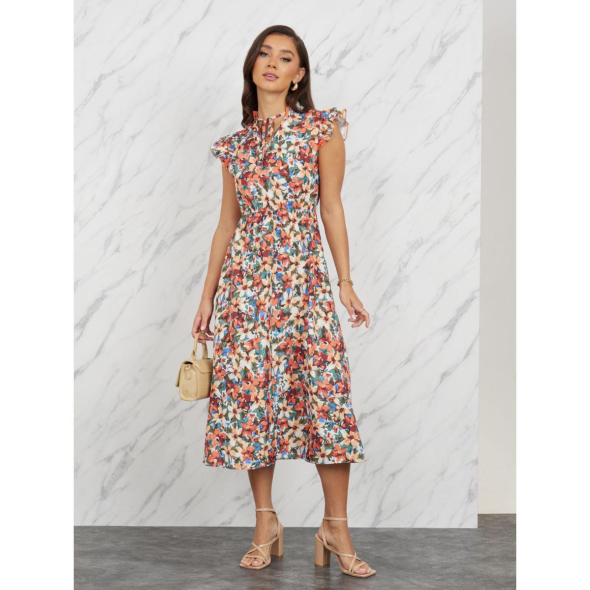 Styli Floral All Over Print Tie Up Neck Midi Dress-women-clothing-dresses-image-1