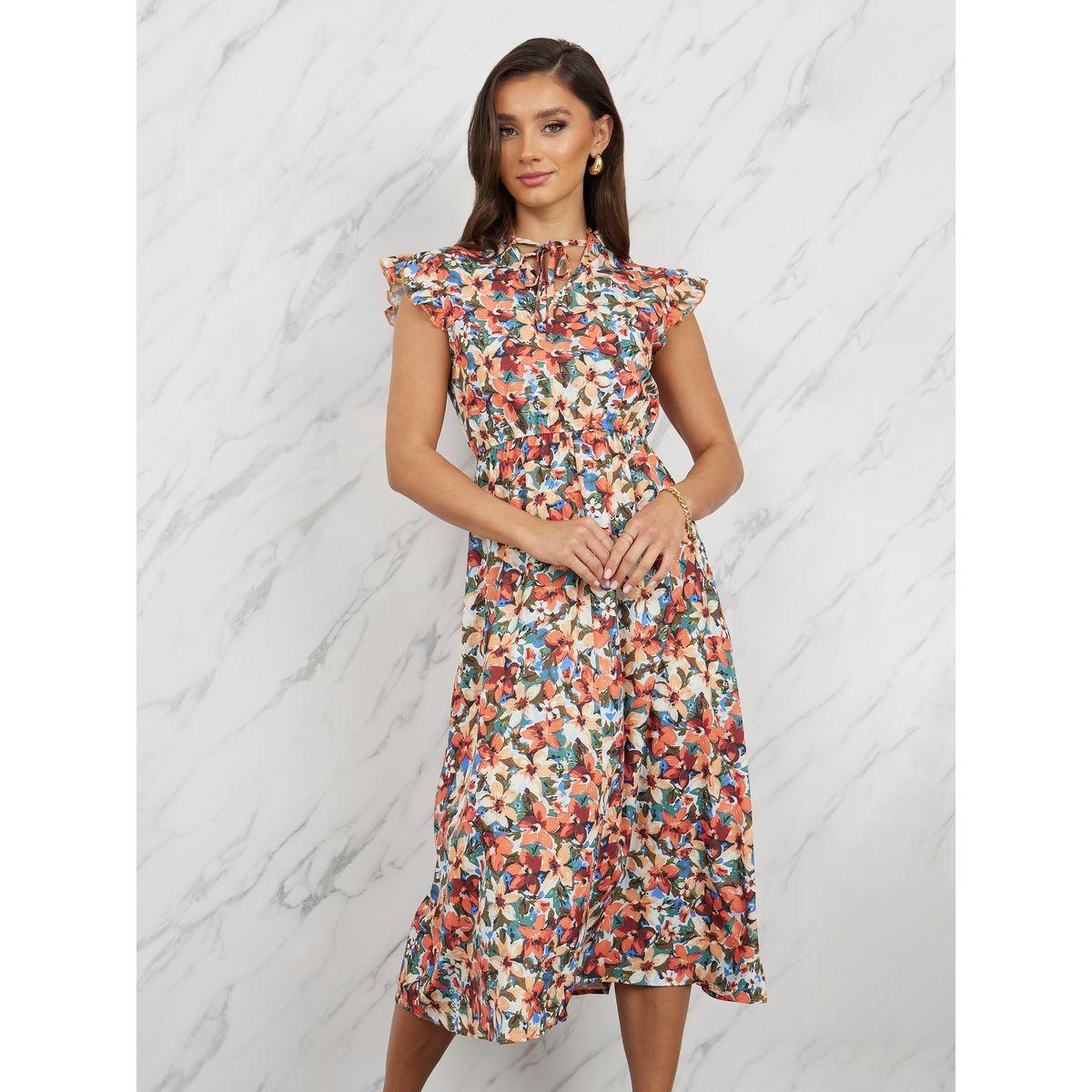 Styli Floral All Over Print Tie Up Neck Midi Dress-women-clothing-dresses-image-2