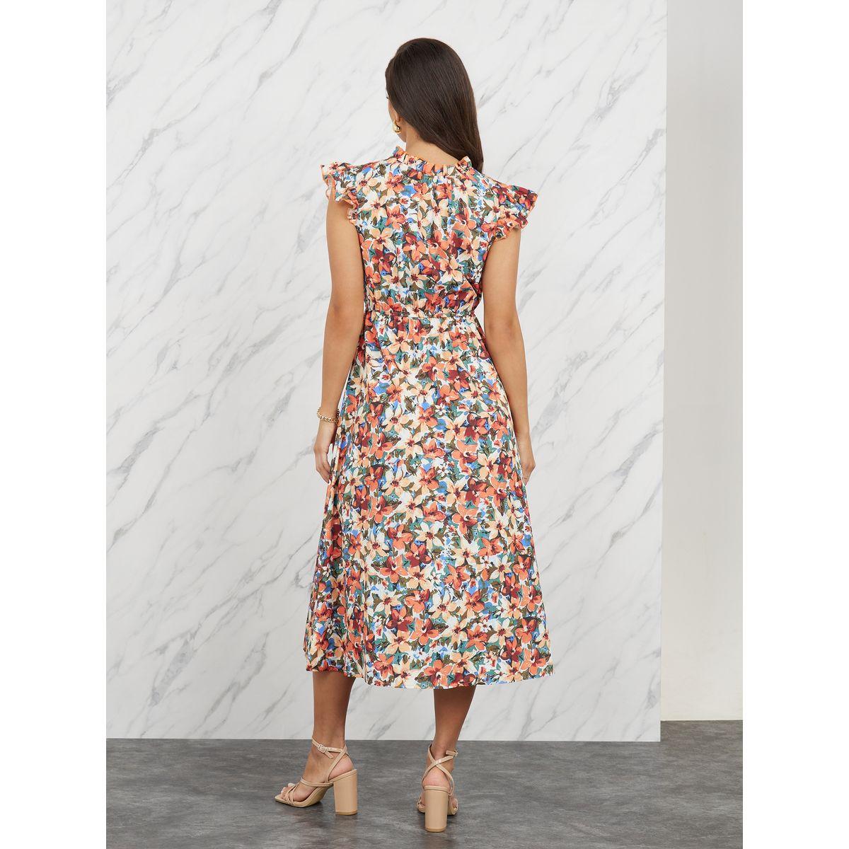 Styli Floral All Over Print Tie Up Neck Midi Dress-women-clothing-dresses-image-4