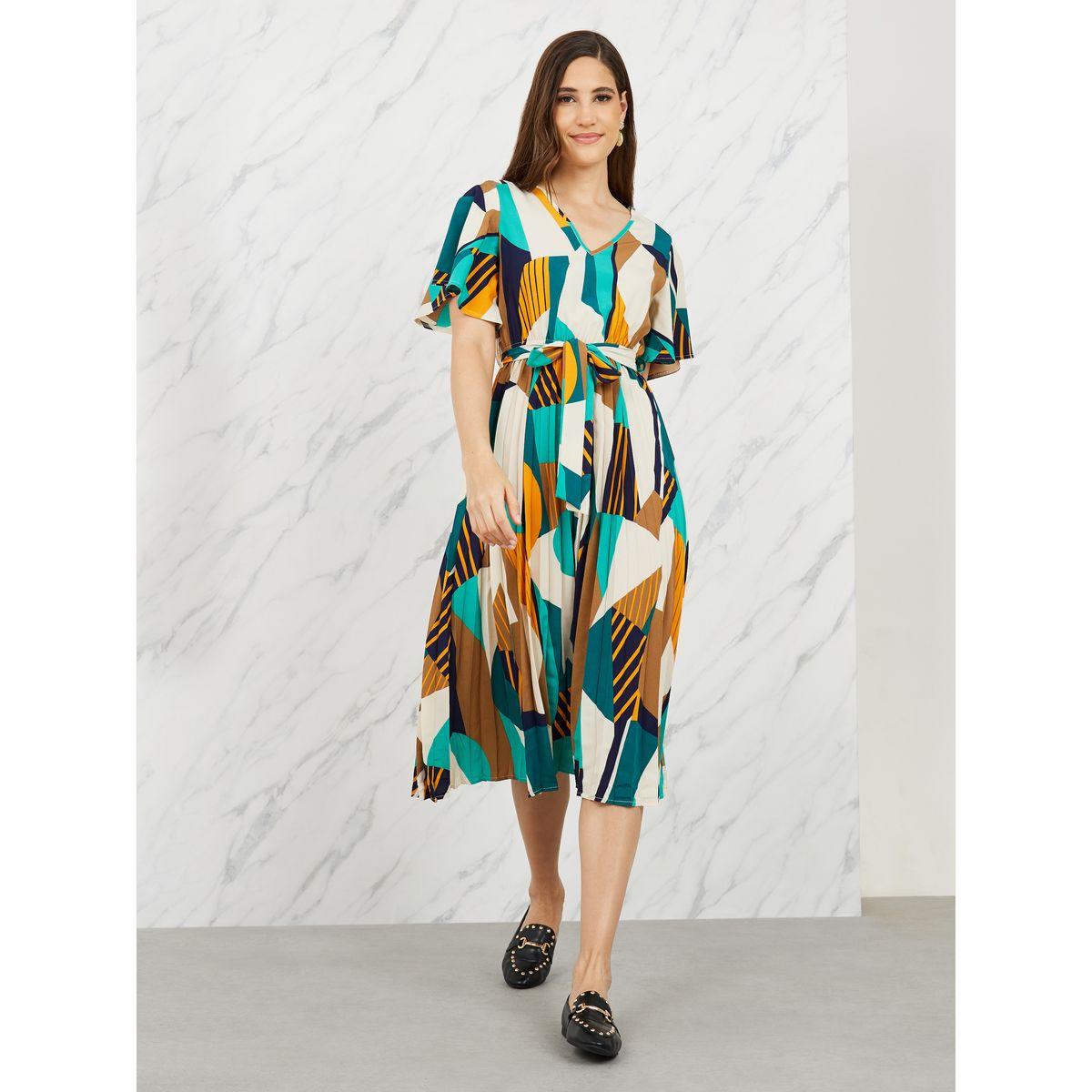 Styli Abstract Print Pleated Self Tie Up A-Line Midi Dress-women-clothing-dresses-image-1