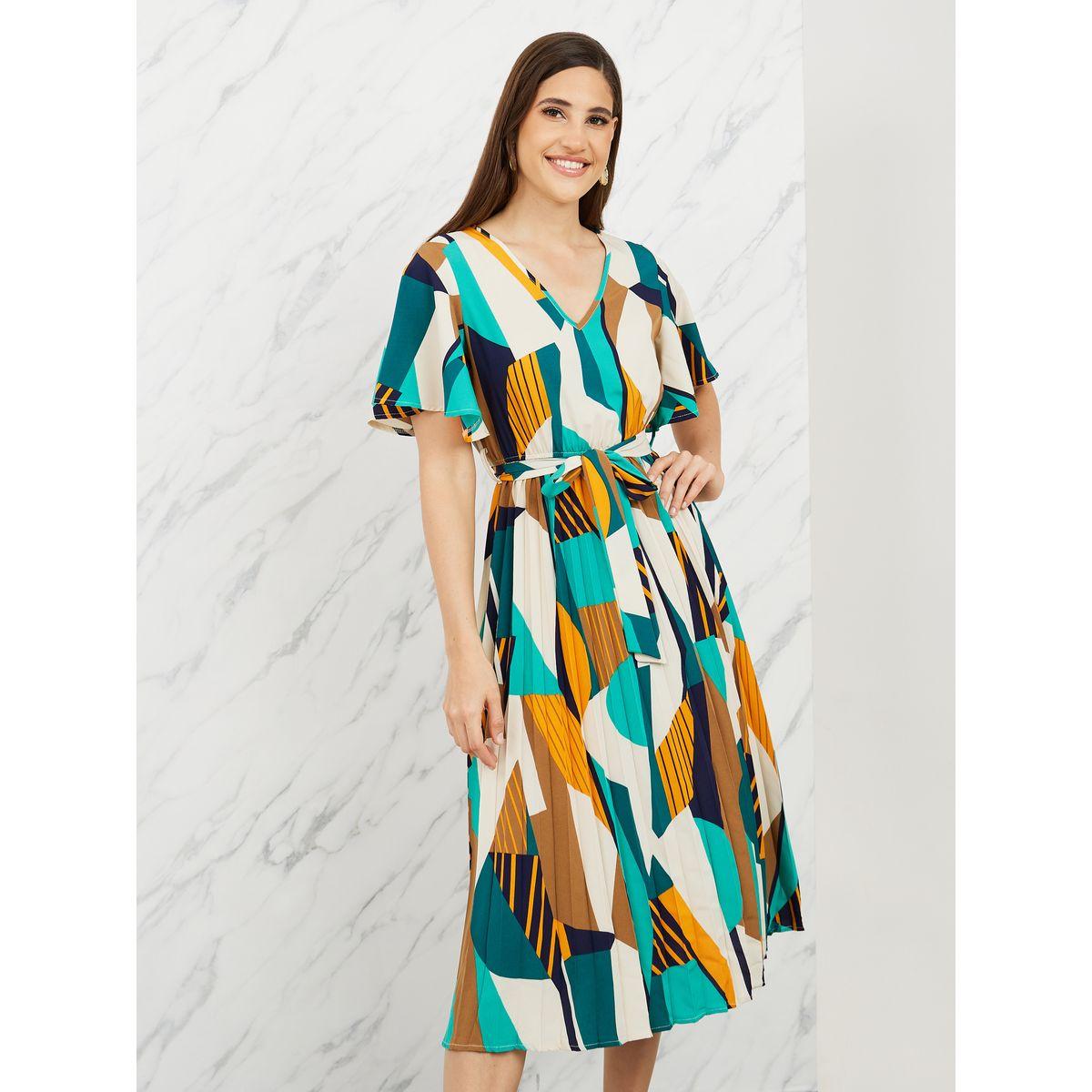 فستان ميدي بكسرات وطبعة مجردة مع اربطة-women-clothing-dresses-image-2