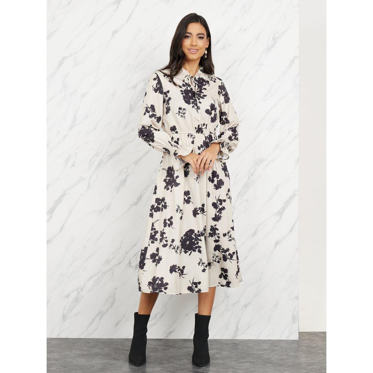 Styli Floral Print Tie Up Neck A-Line Midi Dress-women-clothing-dresses-image-1