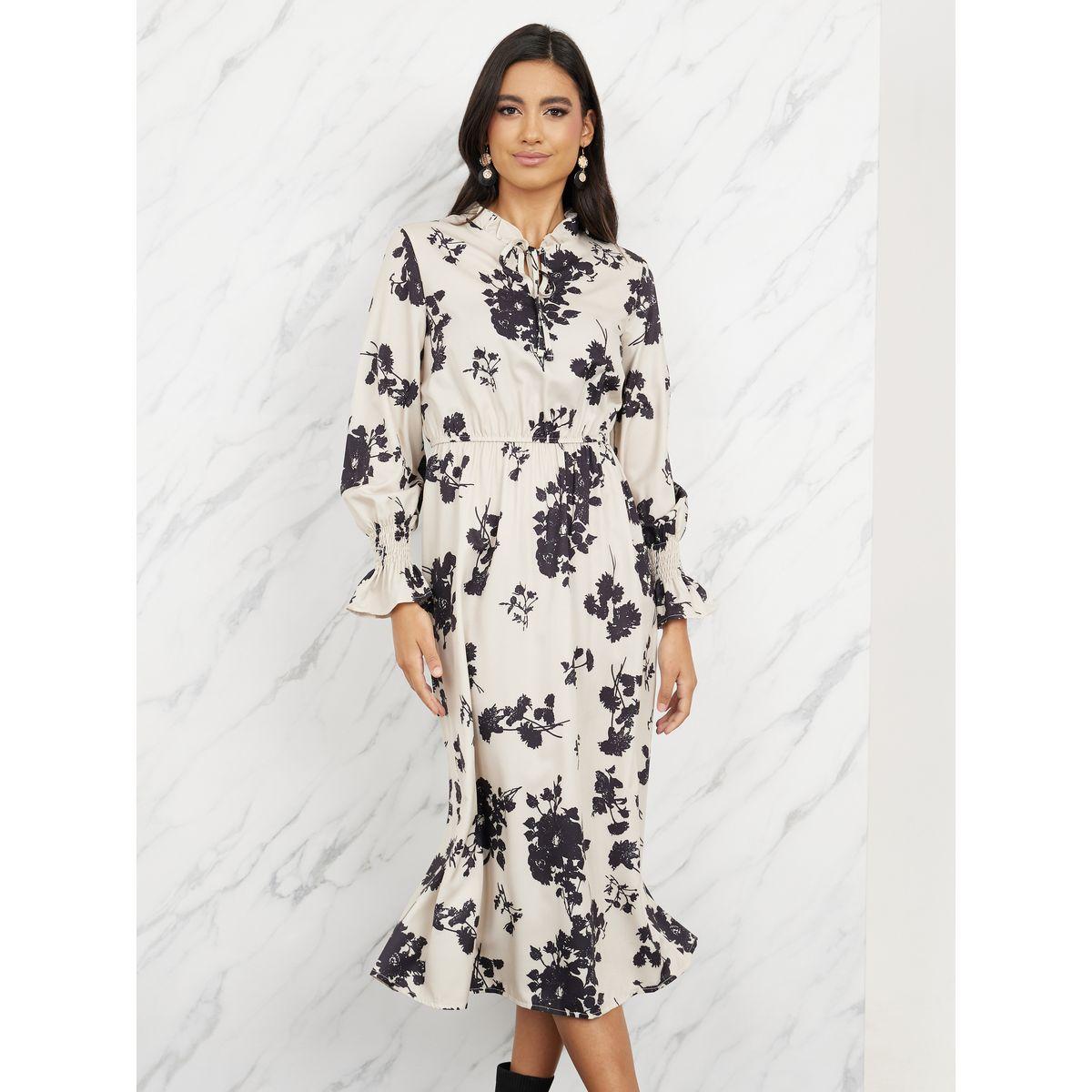 فستان ميدي بطبعة زهور مع ياقة بأربطة-women-clothing-dresses-image-2