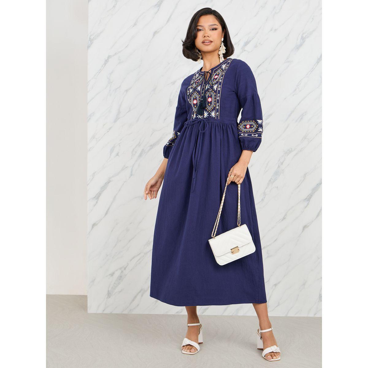 Styli Cotton Embroidered Tie Up Neck A-Line Midi Dress-women-clothing-dresses-image-1