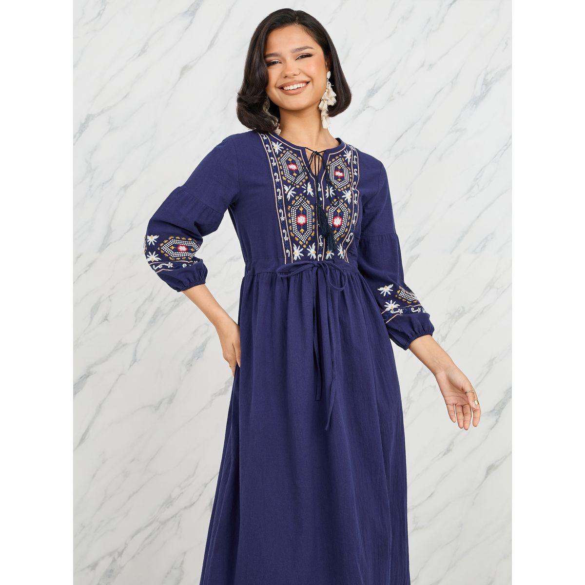 Styli Cotton Embroidered Tie Up Neck A-Line Midi Dress-women-clothing-dresses-image-2