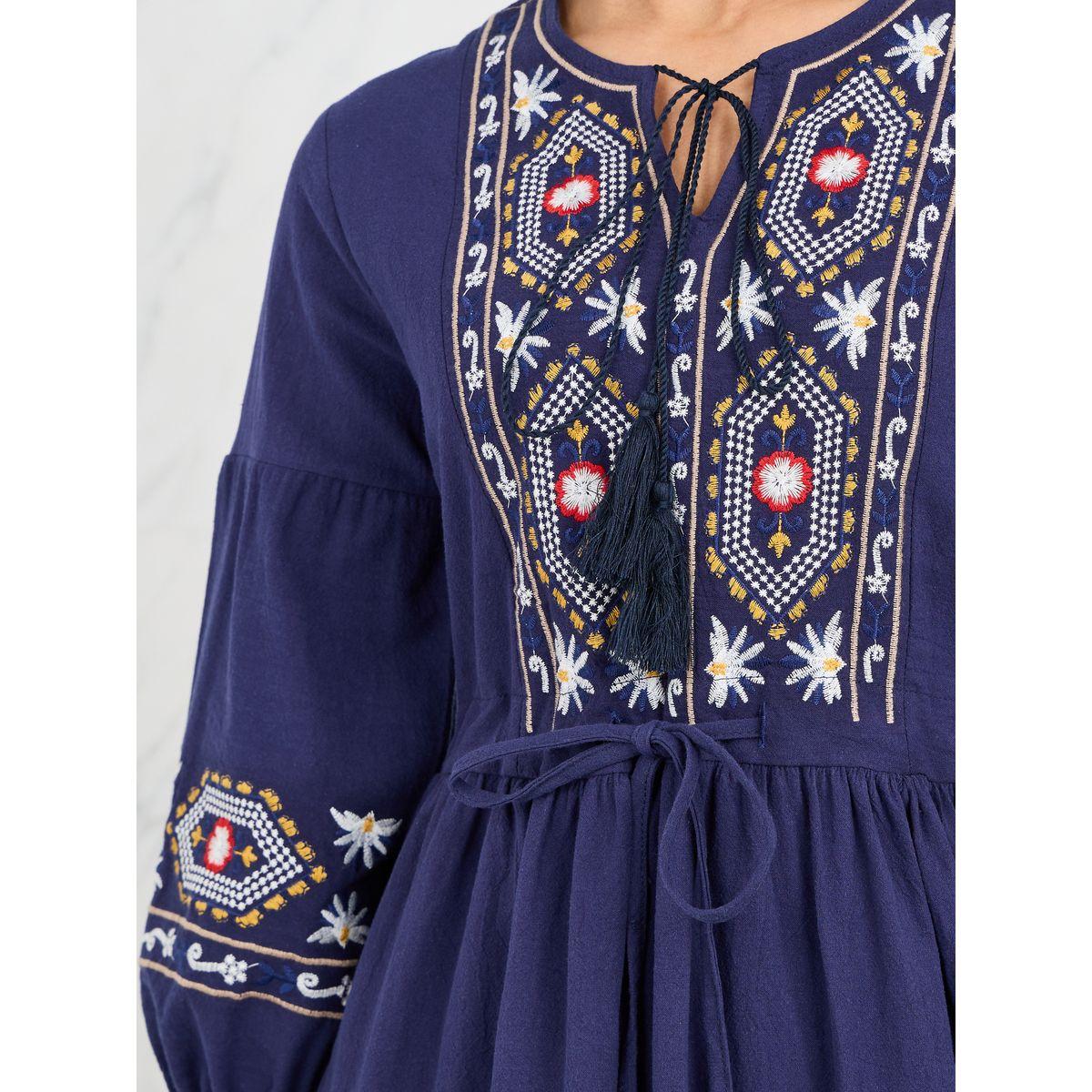 Styli Cotton Embroidered Tie Up Neck A-Line Midi Dress-women-clothing-dresses-image-3