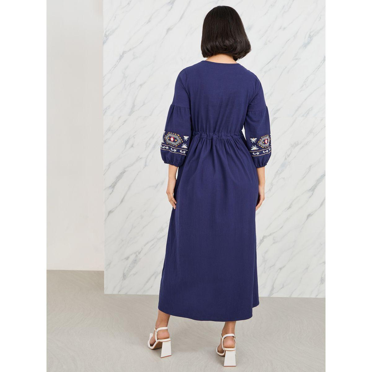 Styli Cotton Embroidered Tie Up Neck A-Line Midi Dress-women-clothing-dresses-image-4