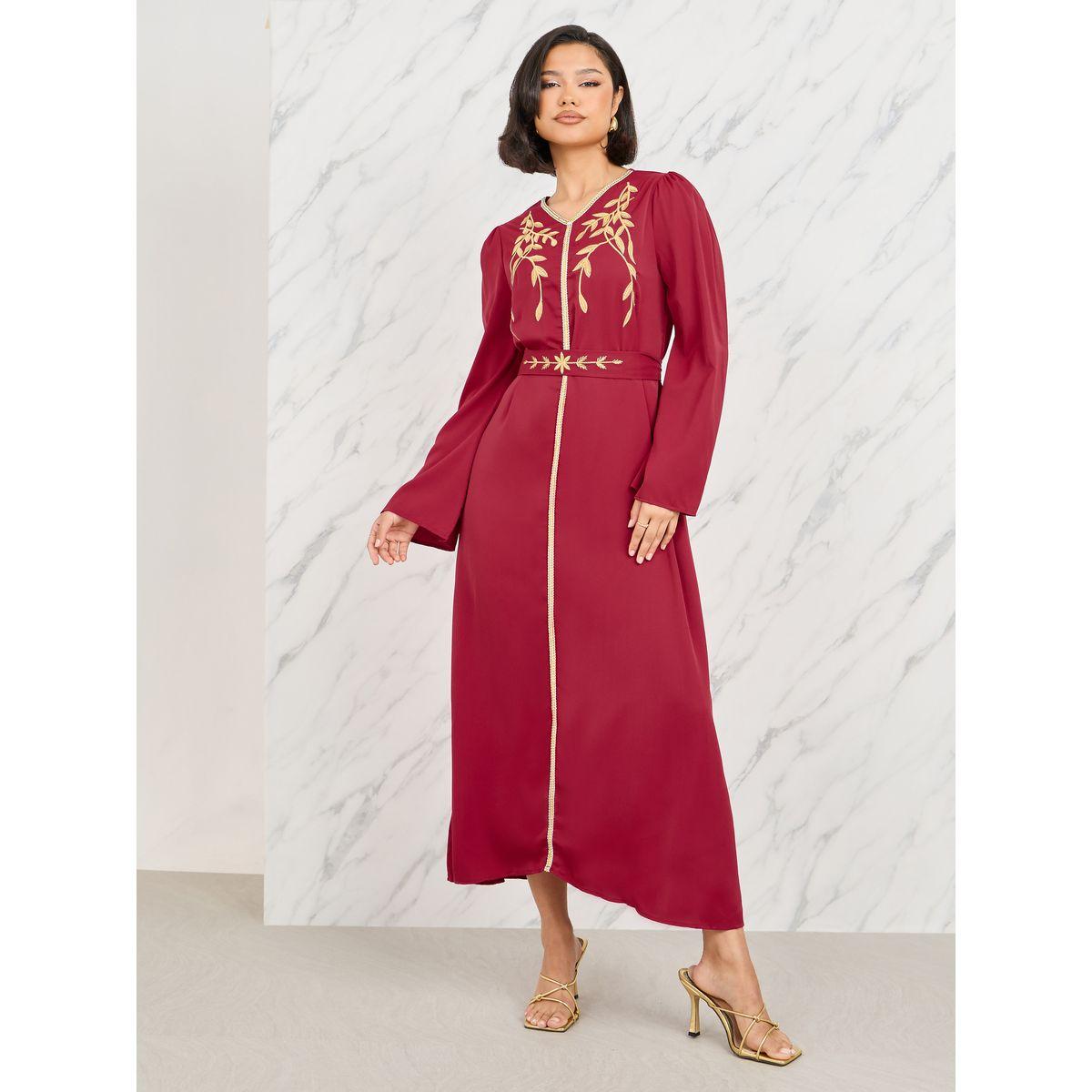 فستان طويل بتفاصيل دانتيل مع حزام خصر-women-clothing-dresses-image-1