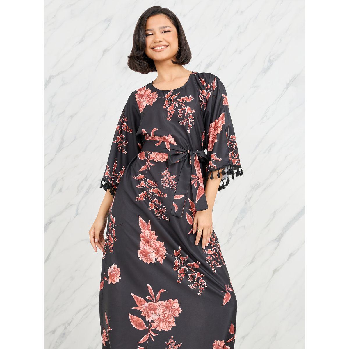 Styli Floral Print Tassel Detail A-Line Midi Dress with Self Tie Up-women-clothing-dresses-image-2