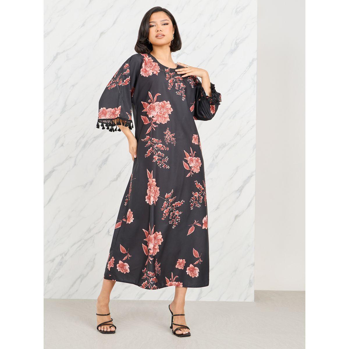 Styli Floral Print Tassel Detail A-Line Midi Dress with Self Tie Up-women-clothing-dresses-image-3