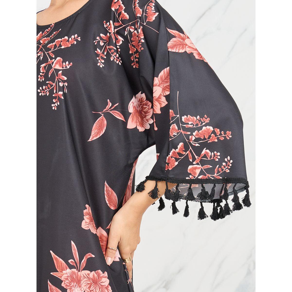 Styli Floral Print Tassel Detail A-Line Midi Dress with Self Tie Up-women-clothing-dresses-image-4