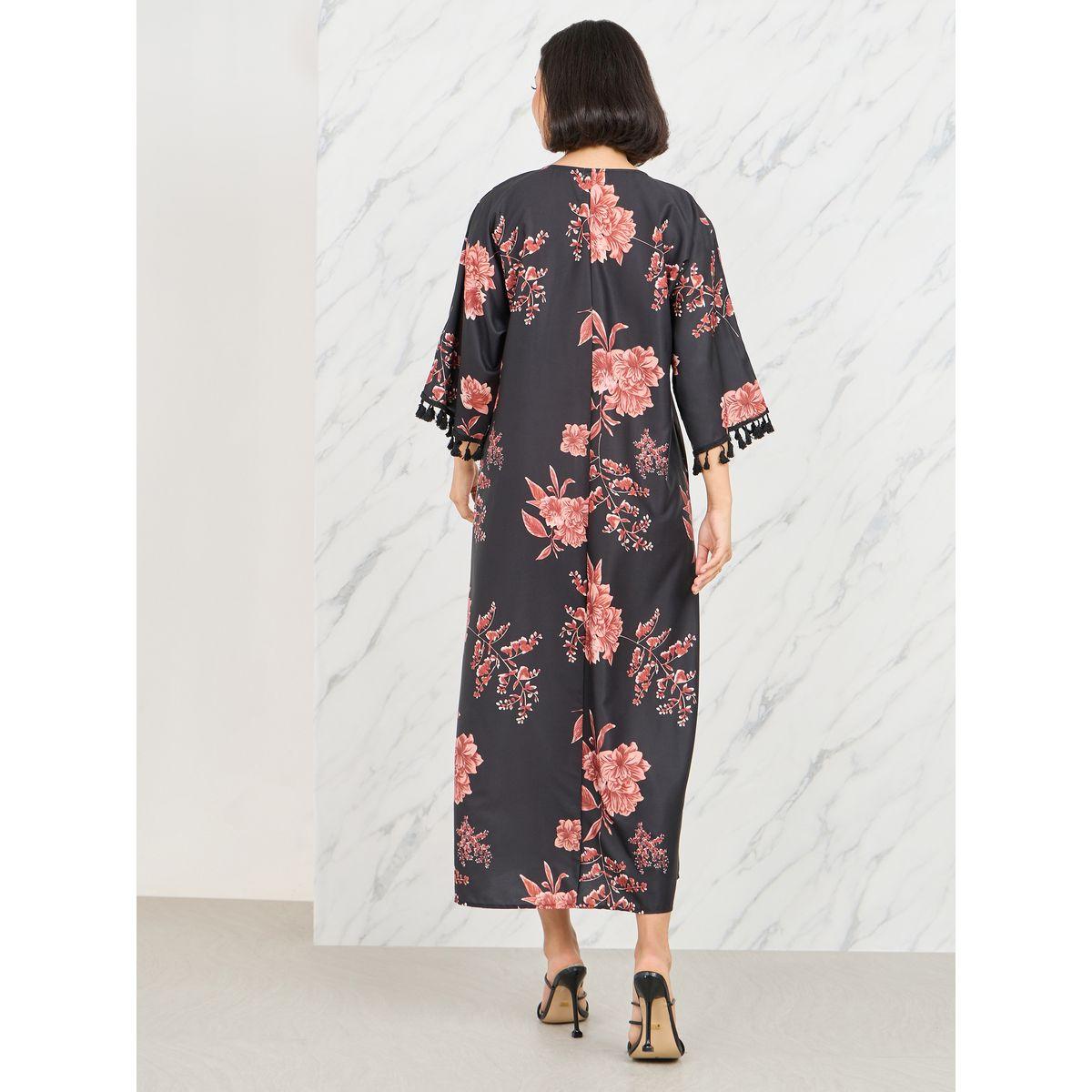 Styli Floral Print Tassel Detail A-Line Midi Dress with Self Tie Up-women-clothing-dresses-image-5