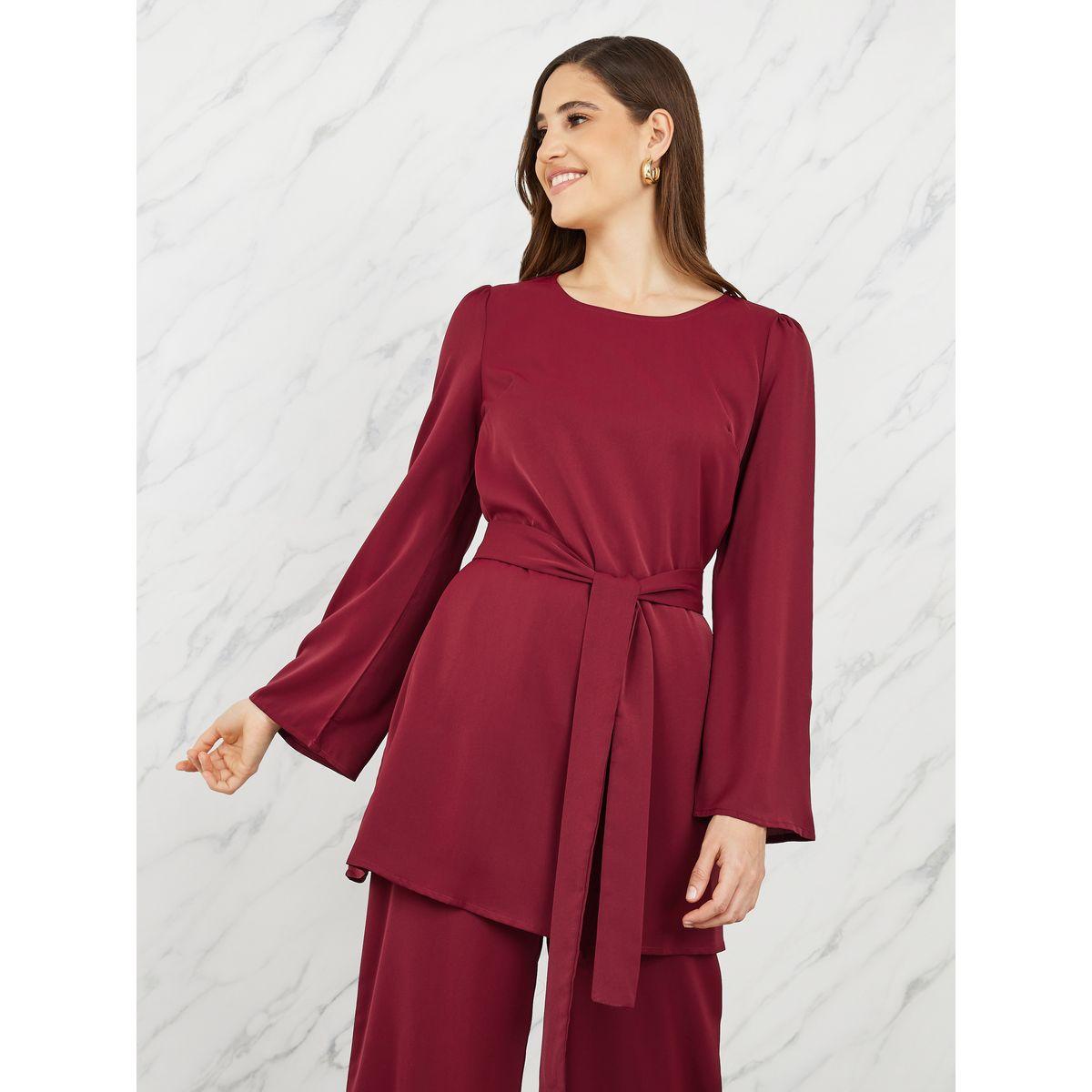 Styli Solid Self Tie Up Longline Blouse & Wide Leg Pant Set-women-clothing-coordsets-image-2