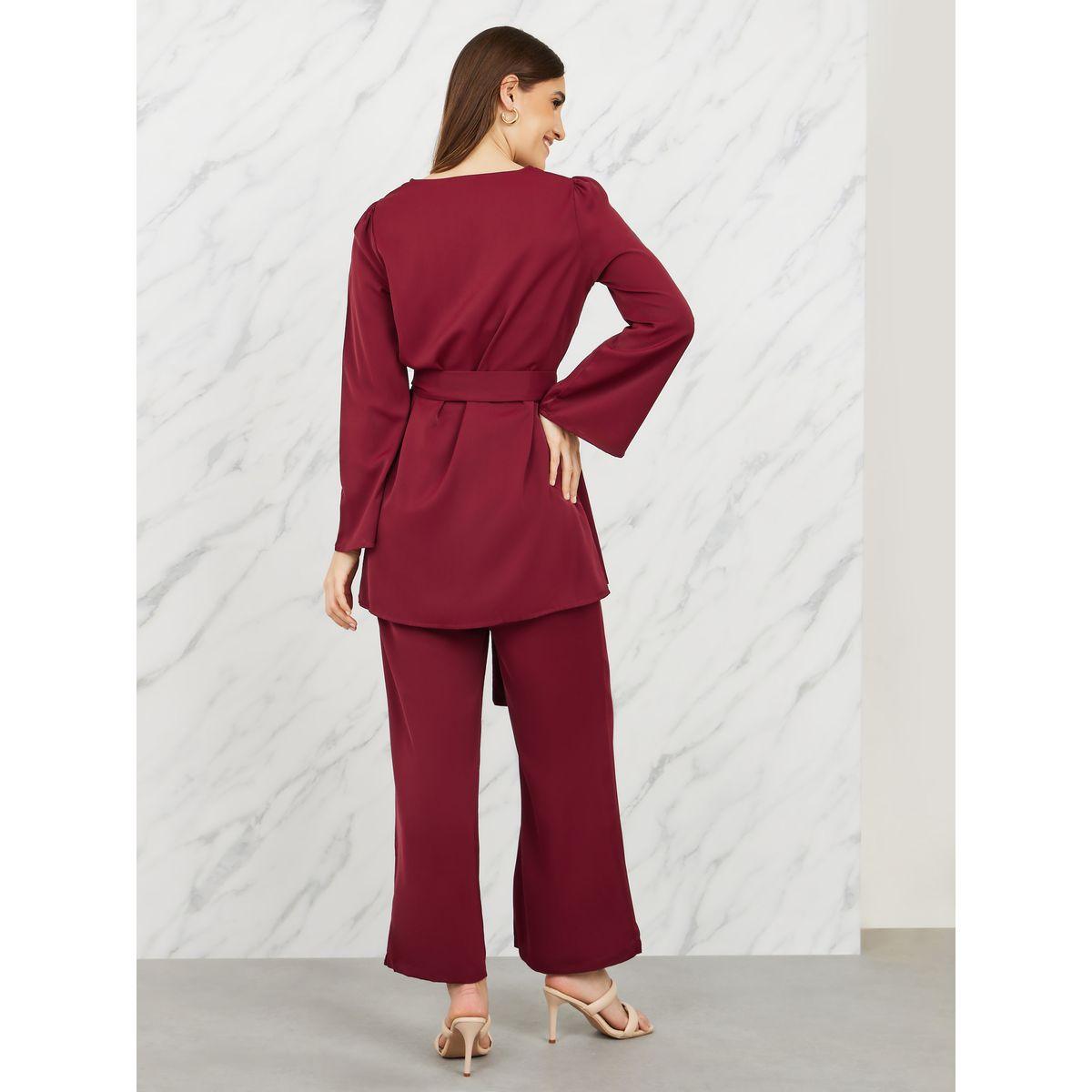 مجموعة من بنطال واسع مع بلوزة سادة باربطة-women-clothing-coordsets-image-5