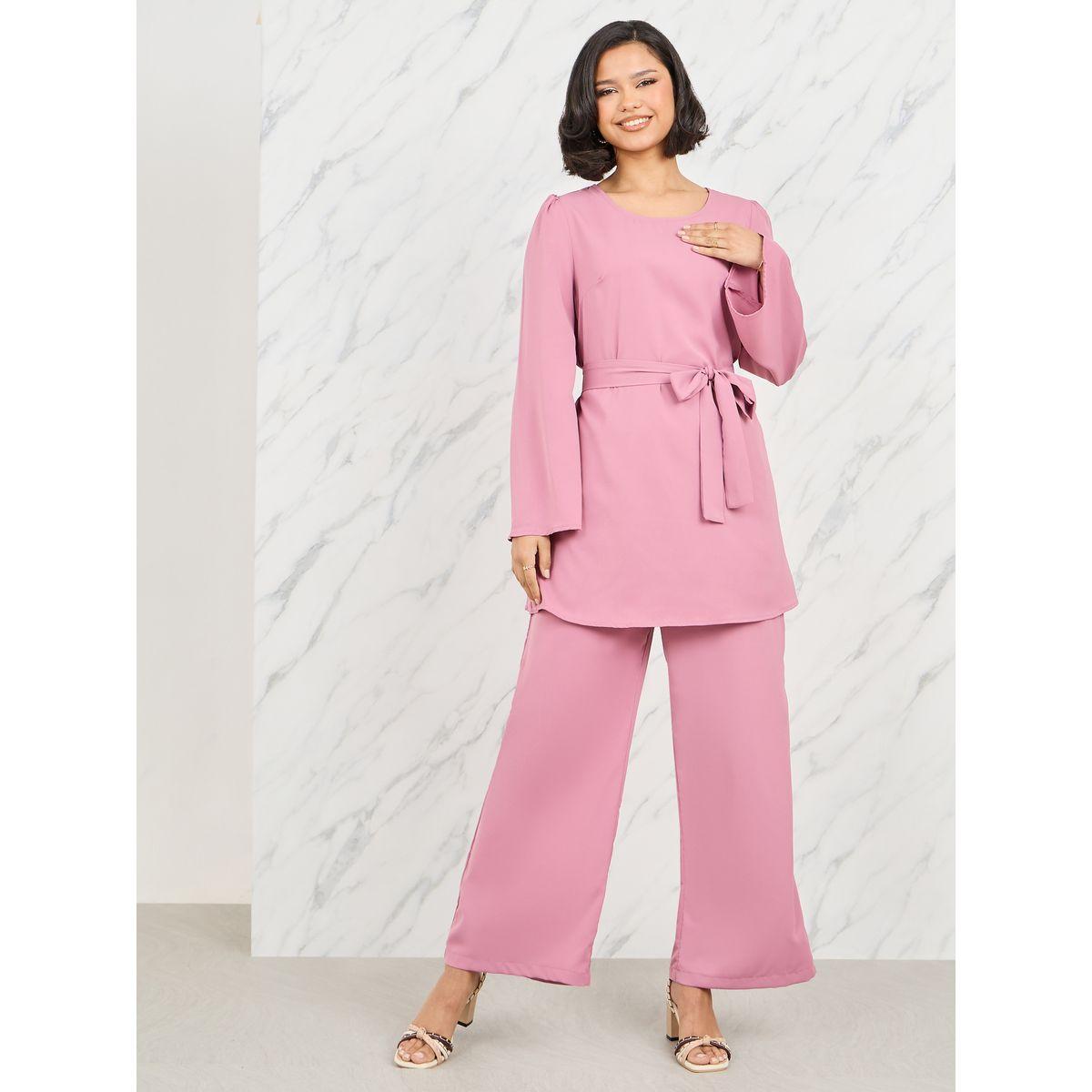 Styli Solid Self Tie Up Longline Blouse & Wide Leg Pant Set-women-clothing-coordsets-image-1