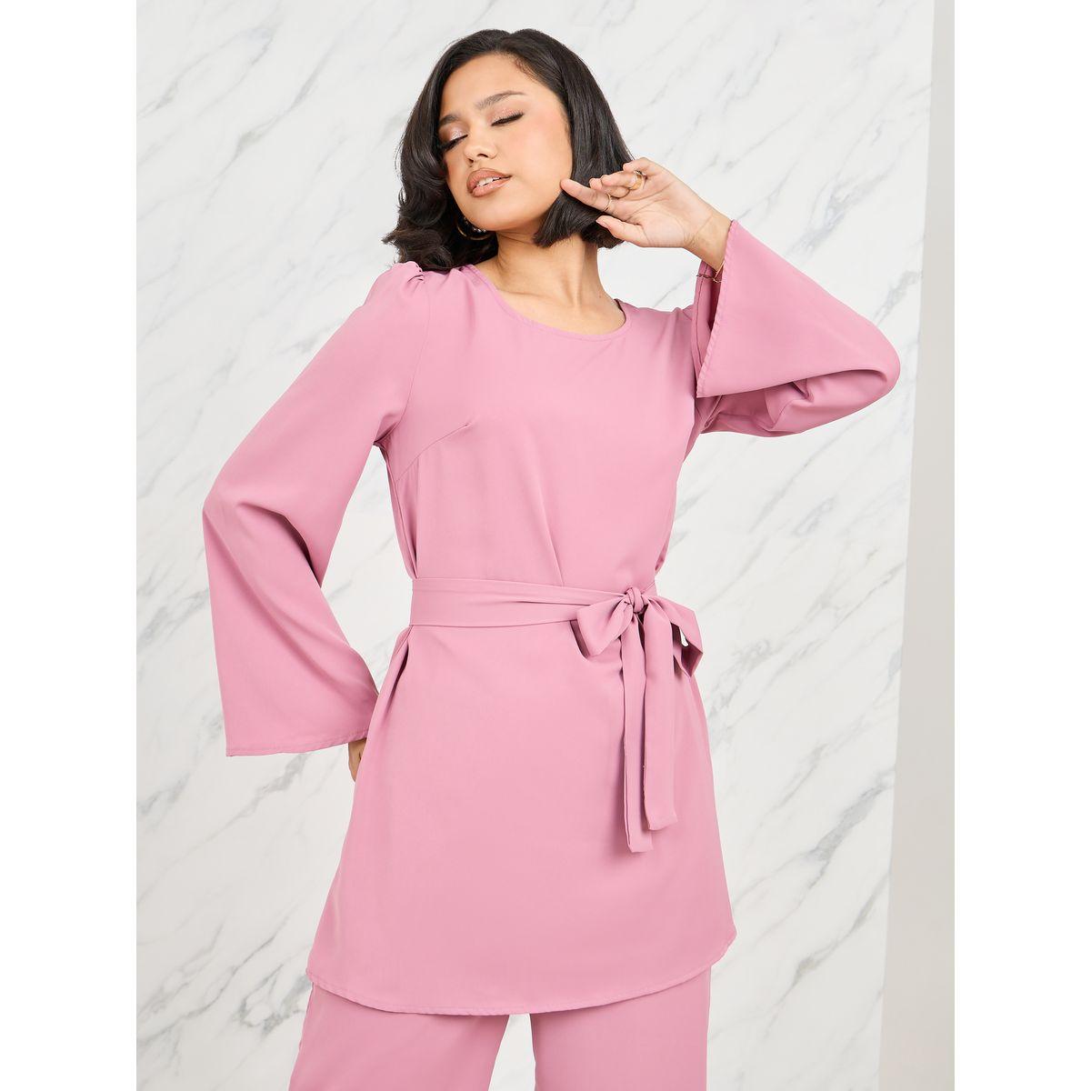 Styli Solid Self Tie Up Longline Blouse & Wide Leg Pant Set-women-clothing-coordsets-image-2