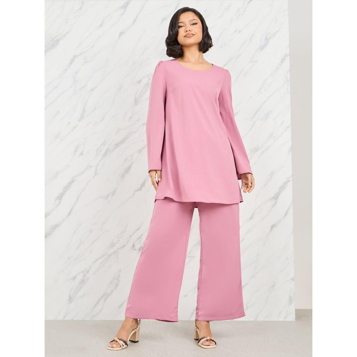 Styli Solid Self Tie Up Longline Blouse & Wide Leg Pant Set-women-clothing-coordsets-image-3