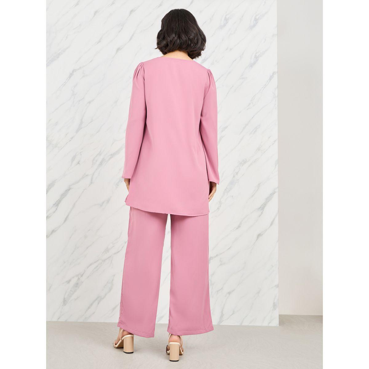 Styli Solid Self Tie Up Longline Blouse & Wide Leg Pant Set-women-clothing-coordsets-image-5