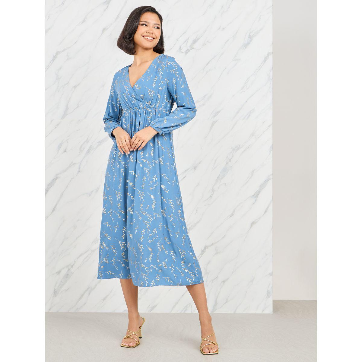 فستان ميدي بطبعة فويل مع كسرات-women-clothing-dresses-image-1