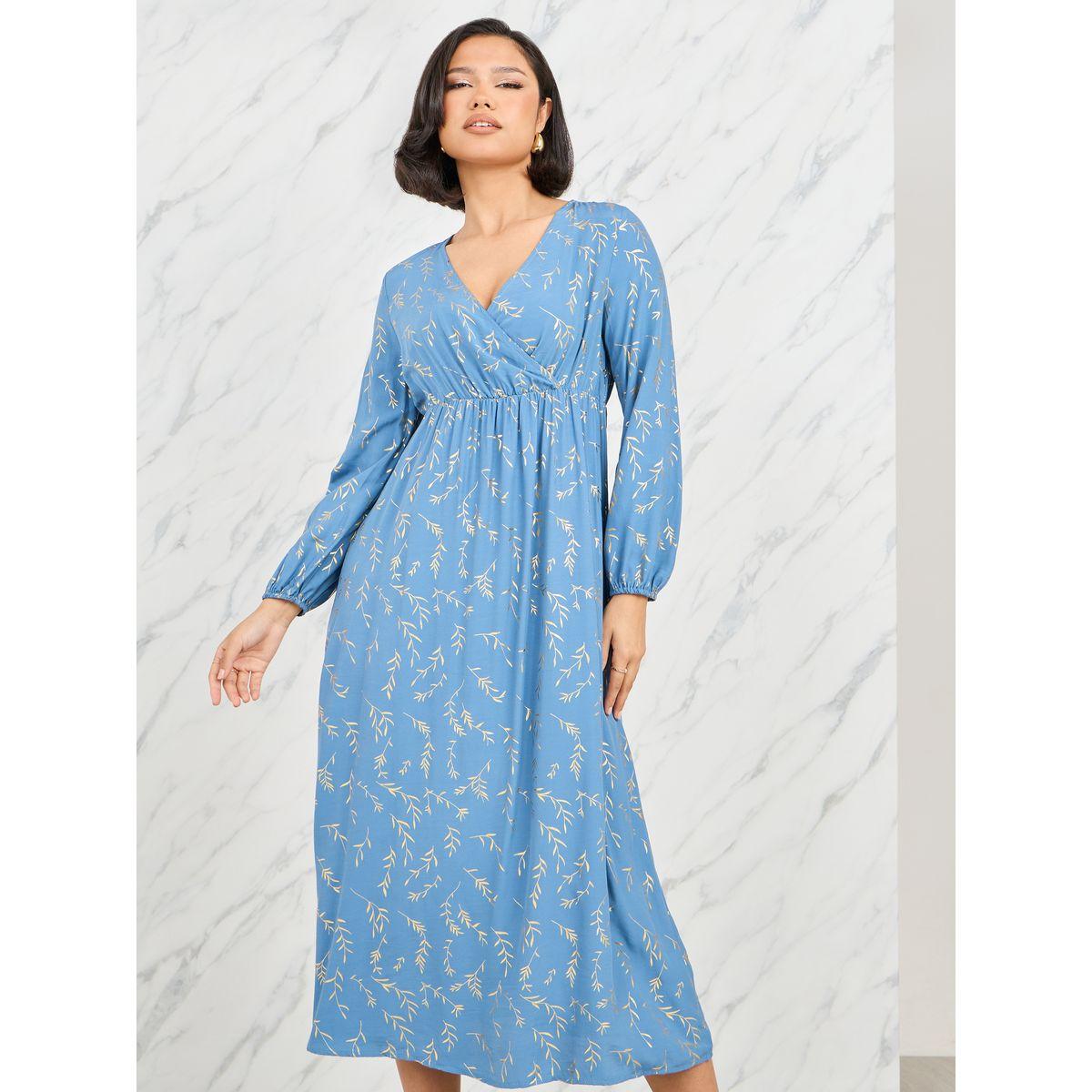 Styli Foil Print Gathered Detail A-Line Midi Dress-women-clothing-dresses-image-2