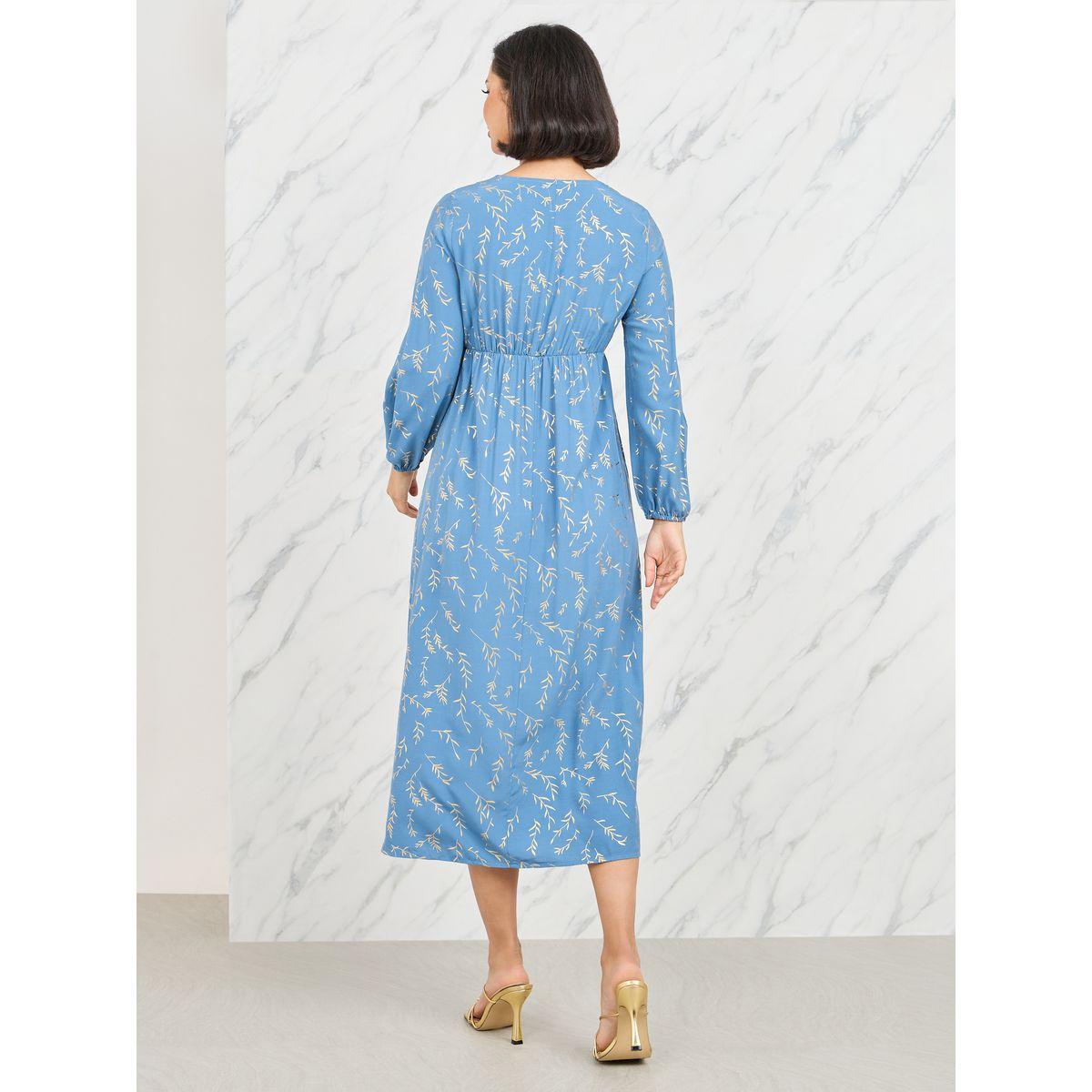 Styli Foil Print Gathered Detail A-Line Midi Dress-women-clothing-dresses-image-4