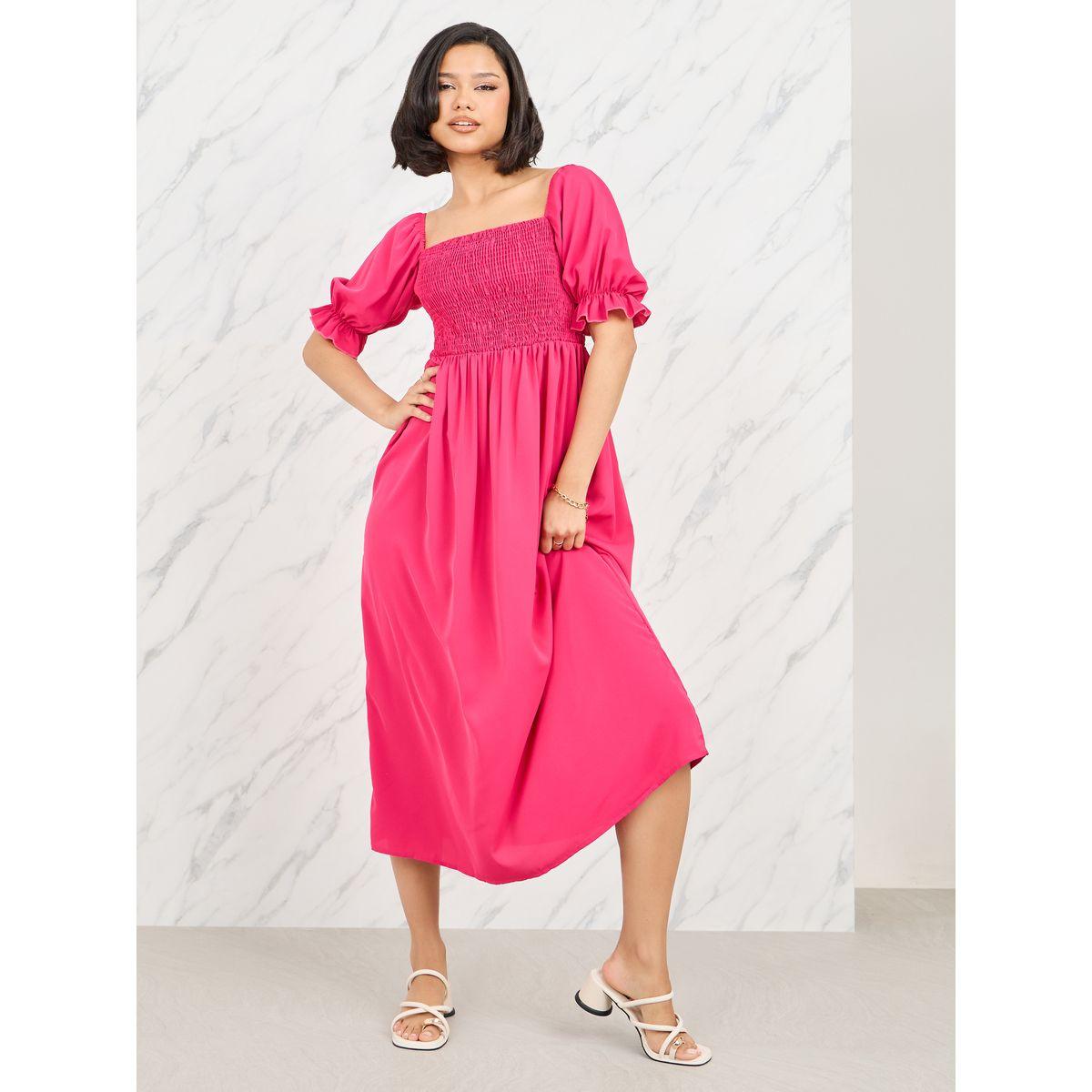 فستان ميدي بياقة واسعة واكمام منفوخة-women-clothing-dresses-image-1