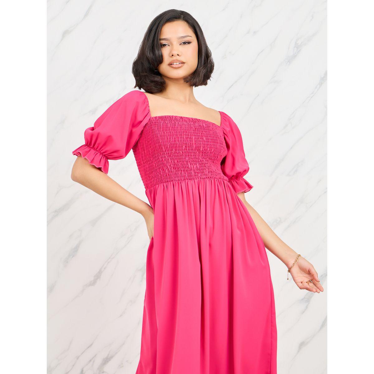 Styli Smocked Detail Puff Sleeves Square Neck Midi Dress-women-clothing-dresses-image-2