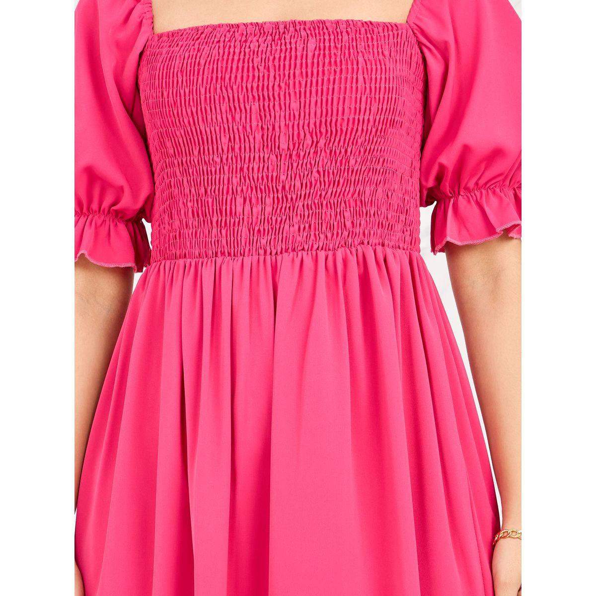 فستان ميدي بياقة واسعة واكمام منفوخة-women-clothing-dresses-image-3