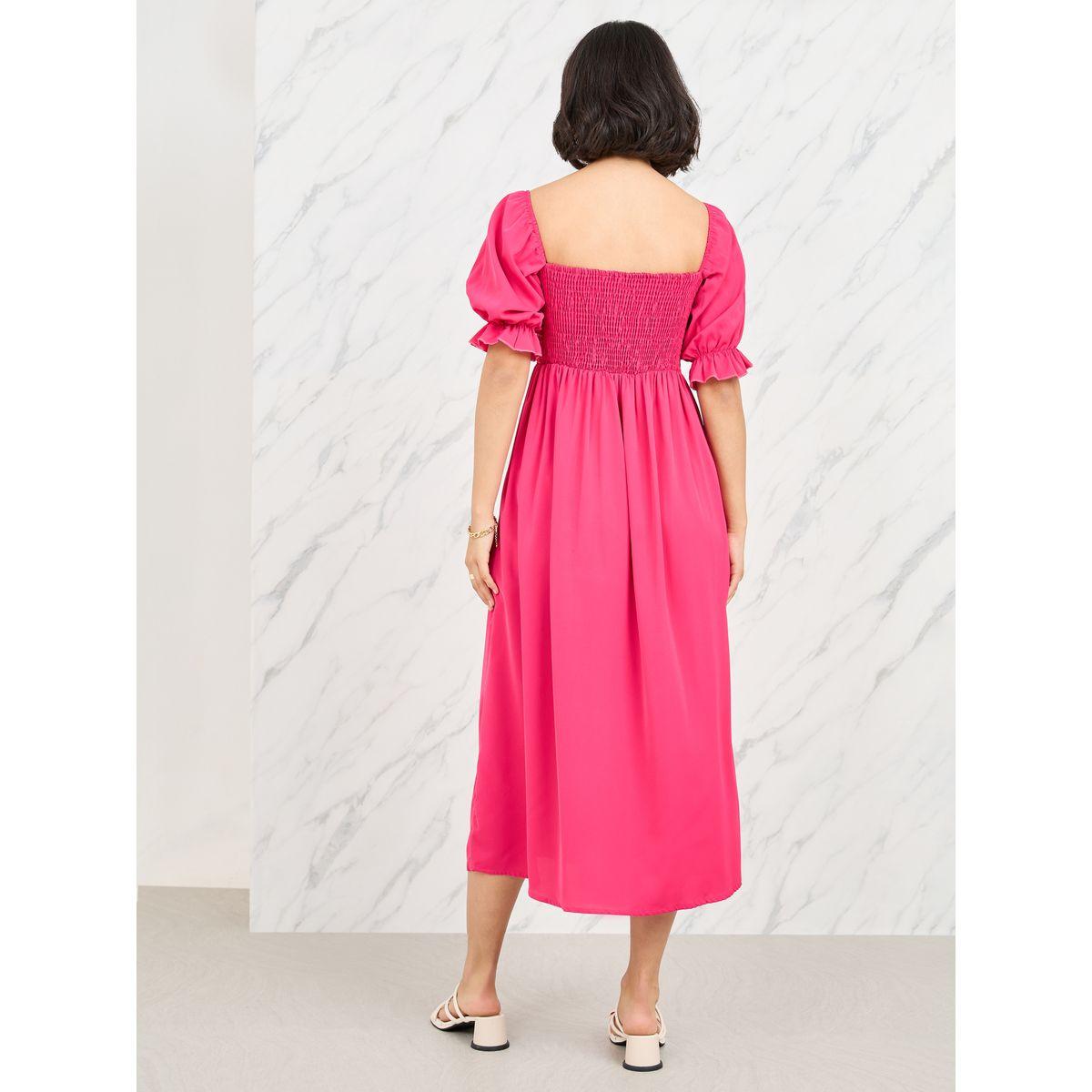فستان ميدي بياقة واسعة واكمام منفوخة-women-clothing-dresses-image-4