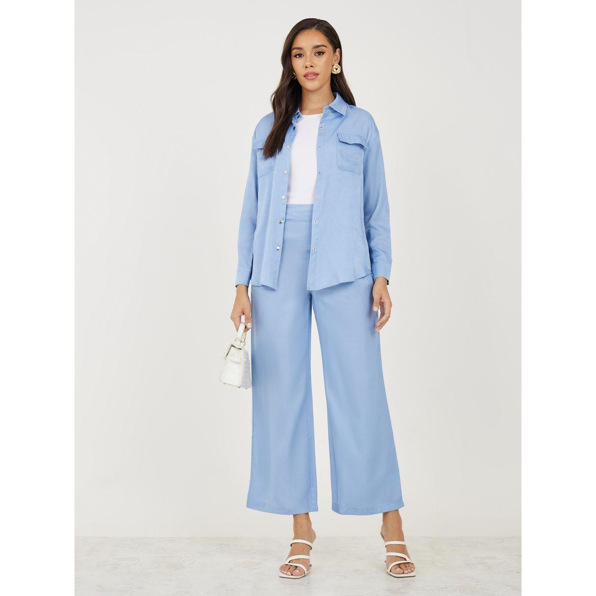 Styli Patch Pockets Oversized Shirt & Loose Fit Pants Co-Ords-women-clothing-coordsets-image-1