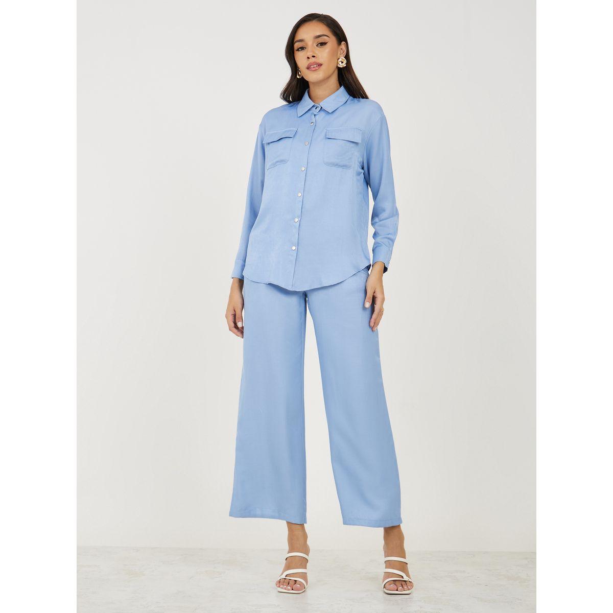 Styli Patch Pockets Oversized Shirt & Loose Fit Pants Co-Ords-women-clothing-coordsets-image-2