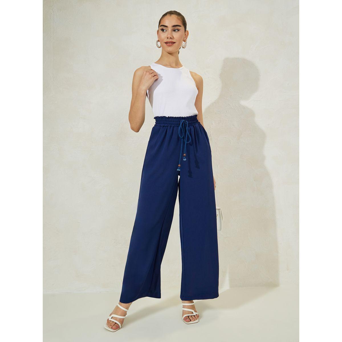 Styli Solid Wide Leg Pants with Drawstring-women-clothing-bottoms-trousers-image-2
