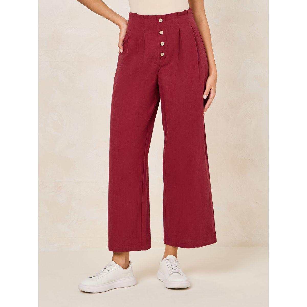 Styli Solid Wide Leg Pants with Box Pleats & Front Button-women-clothing-bottoms-trousers-image-1