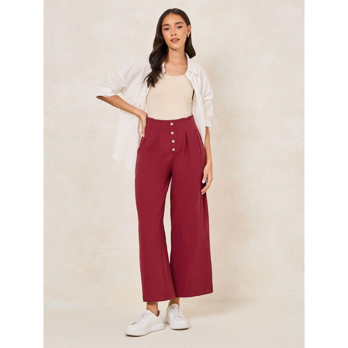 Styli Solid Wide Leg Pants with Box Pleats & Front Button-women-clothing-bottoms-trousers-image-2