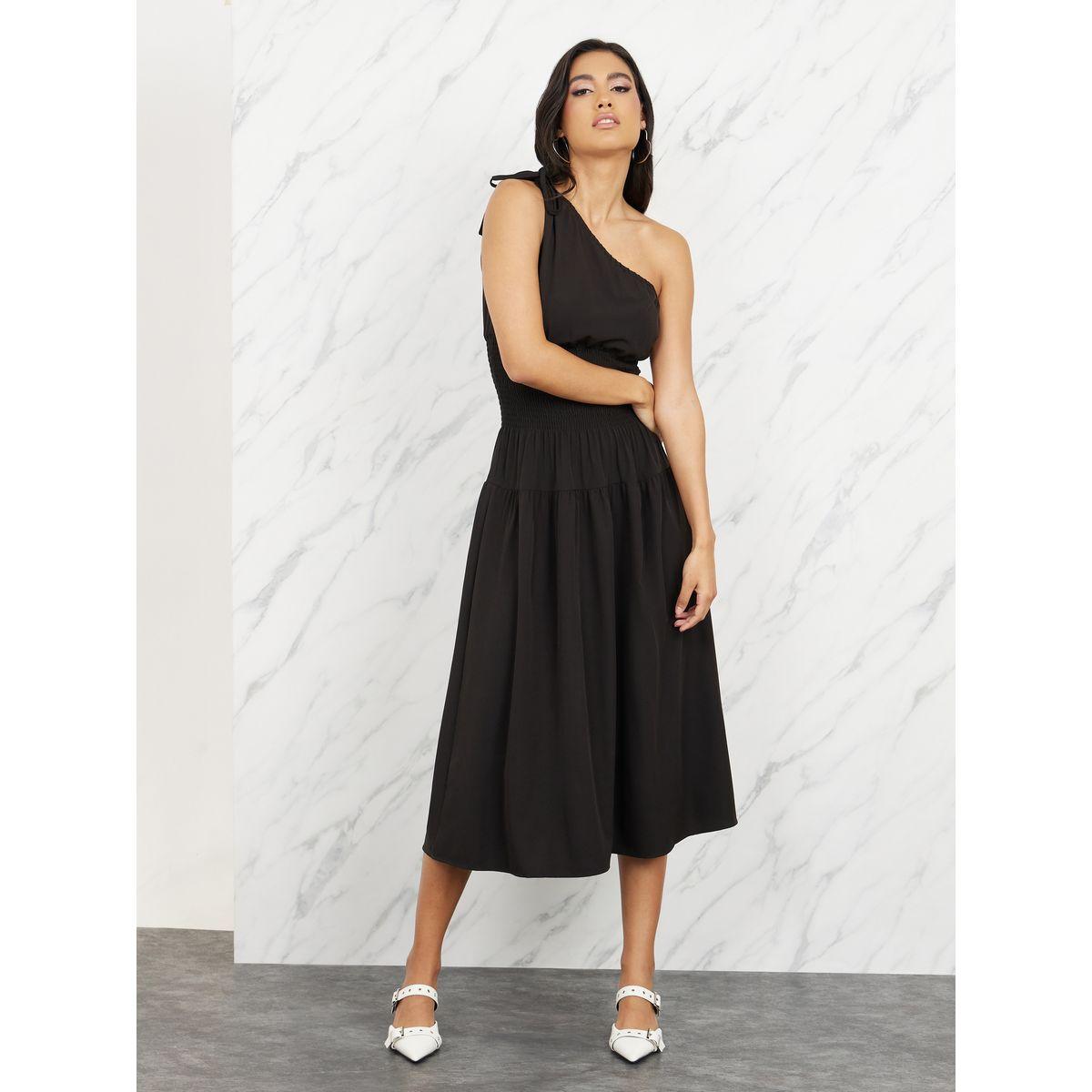 Styli Smocking Detail One Shoulder Neck A-Line Midi Dress-women-clothing-dresses-image-1