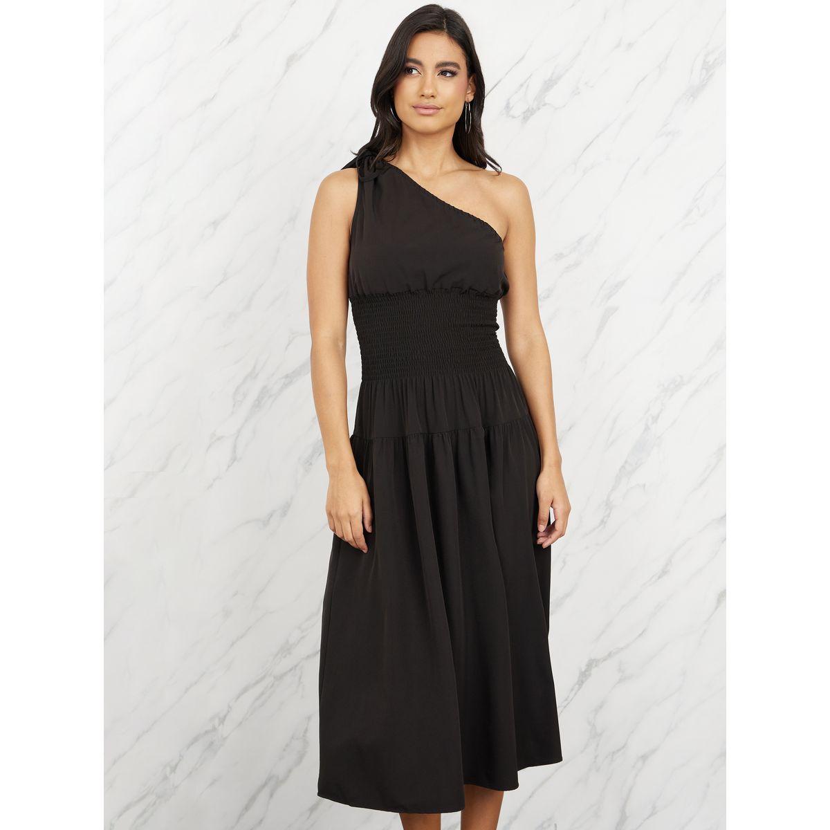 Styli Smocking Detail One Shoulder Neck A-Line Midi Dress-women-clothing-dresses-image-2