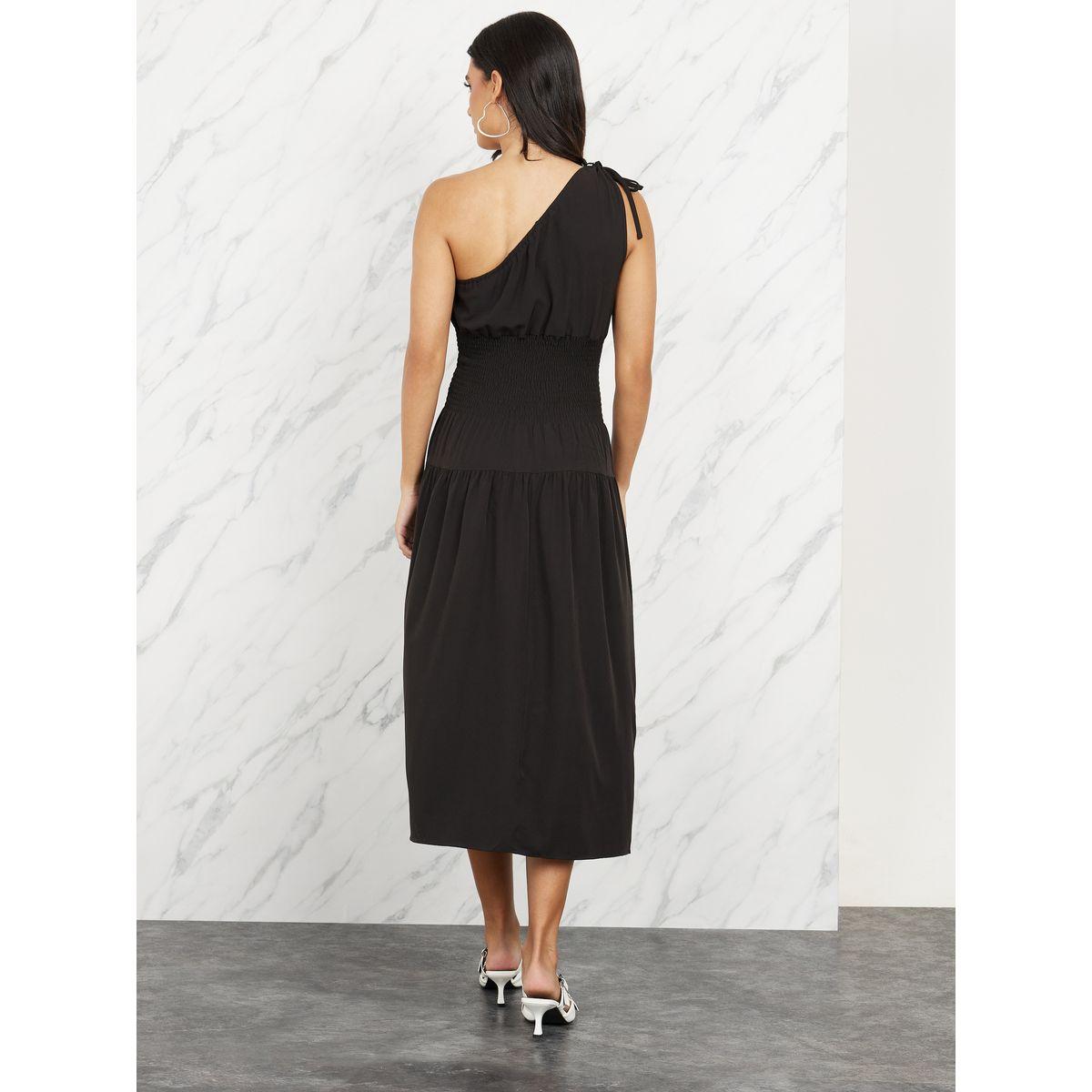 Styli Smocking Detail One Shoulder Neck A-Line Midi Dress-women-clothing-dresses-image-4