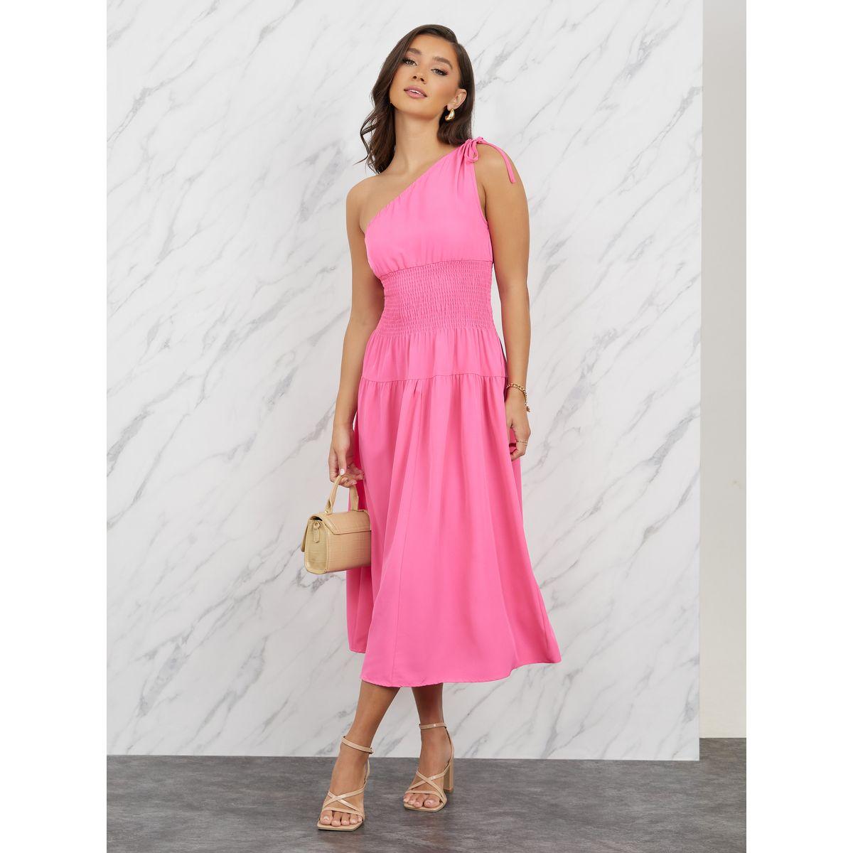 Styli Smocking Detail One Shoulder Neck A-Line Midi Dress-women-clothing-dresses-image-1
