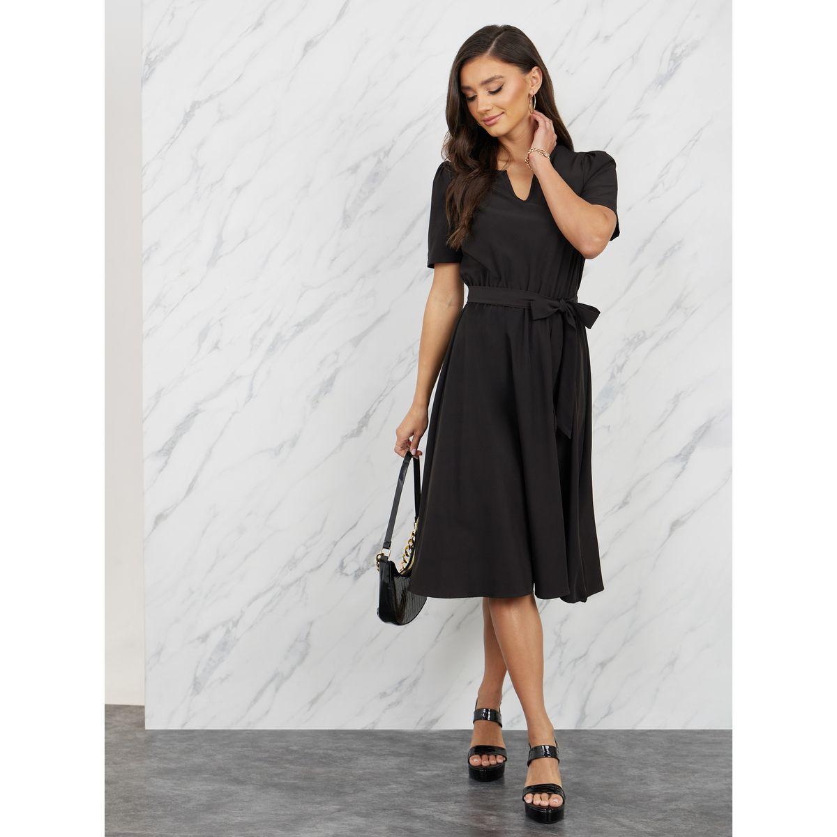 Styli Solid V Neck Self Tie Up Knee Length Dress-women-clothing-dresses-image-1