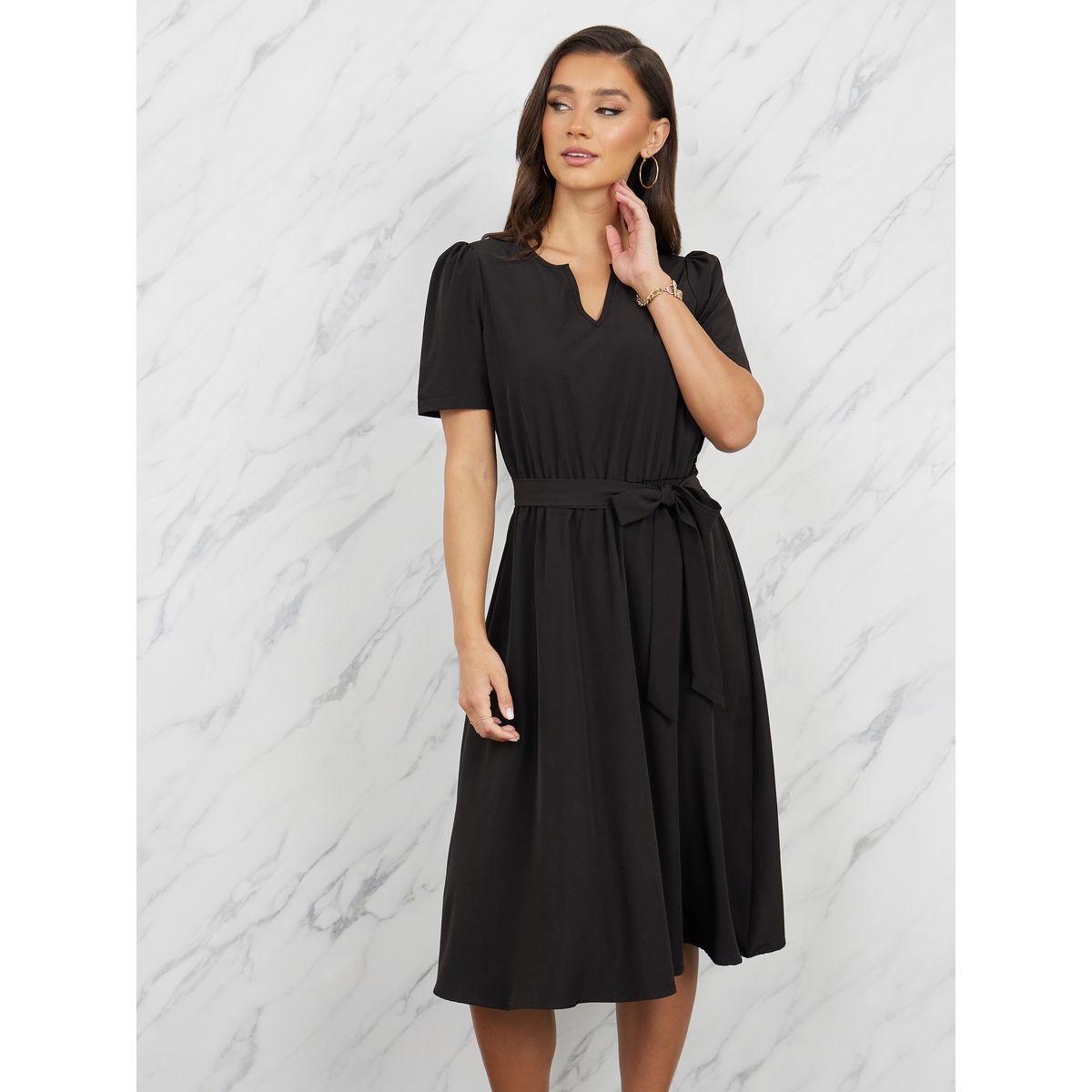 Styli Solid V Neck Self Tie Up Knee Length Dress-women-clothing-dresses-image-2