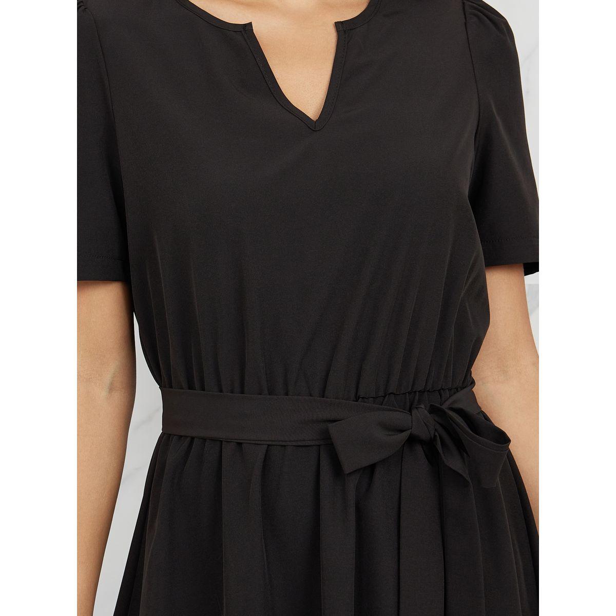 Styli Solid V Neck Self Tie Up Knee Length Dress-women-clothing-dresses-image-3