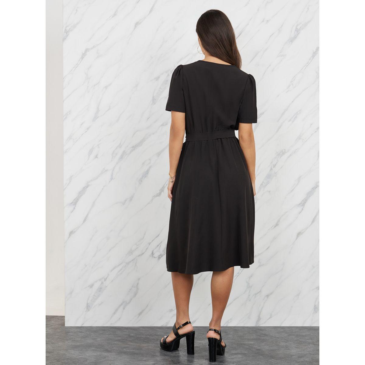 Styli Solid V Neck Self Tie Up Knee Length Dress-women-clothing-dresses-image-4