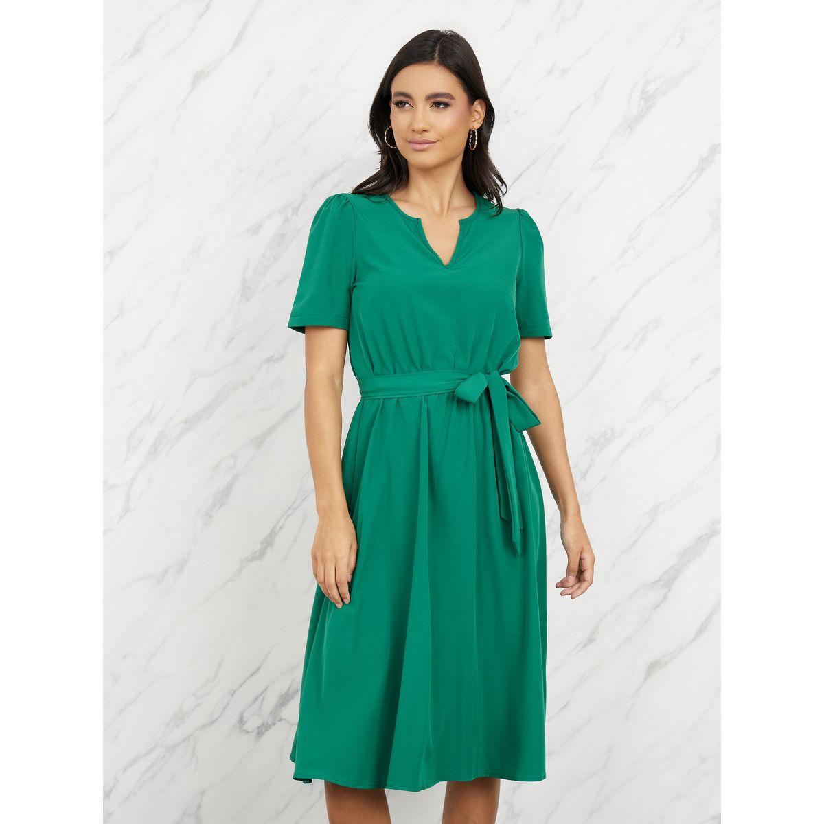 Styli Solid V Neck Self Tie Up Knee-Length Dress-women-clothing-dresses-image-2