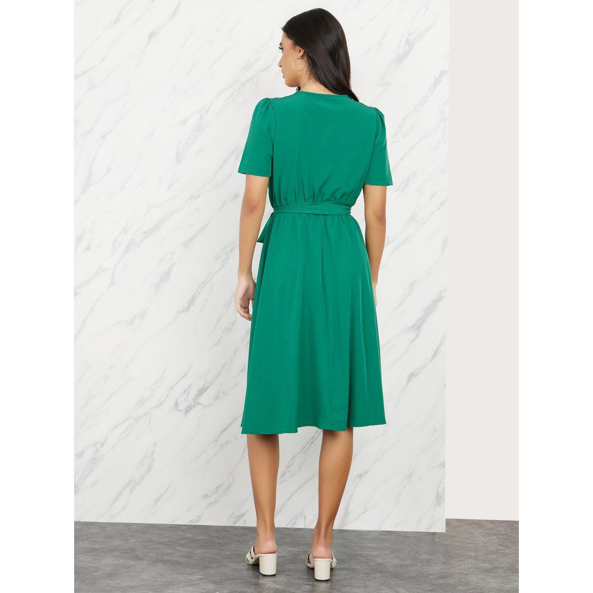 Styli Solid V Neck Self Tie Up Knee-Length Dress-women-clothing-dresses-image-4